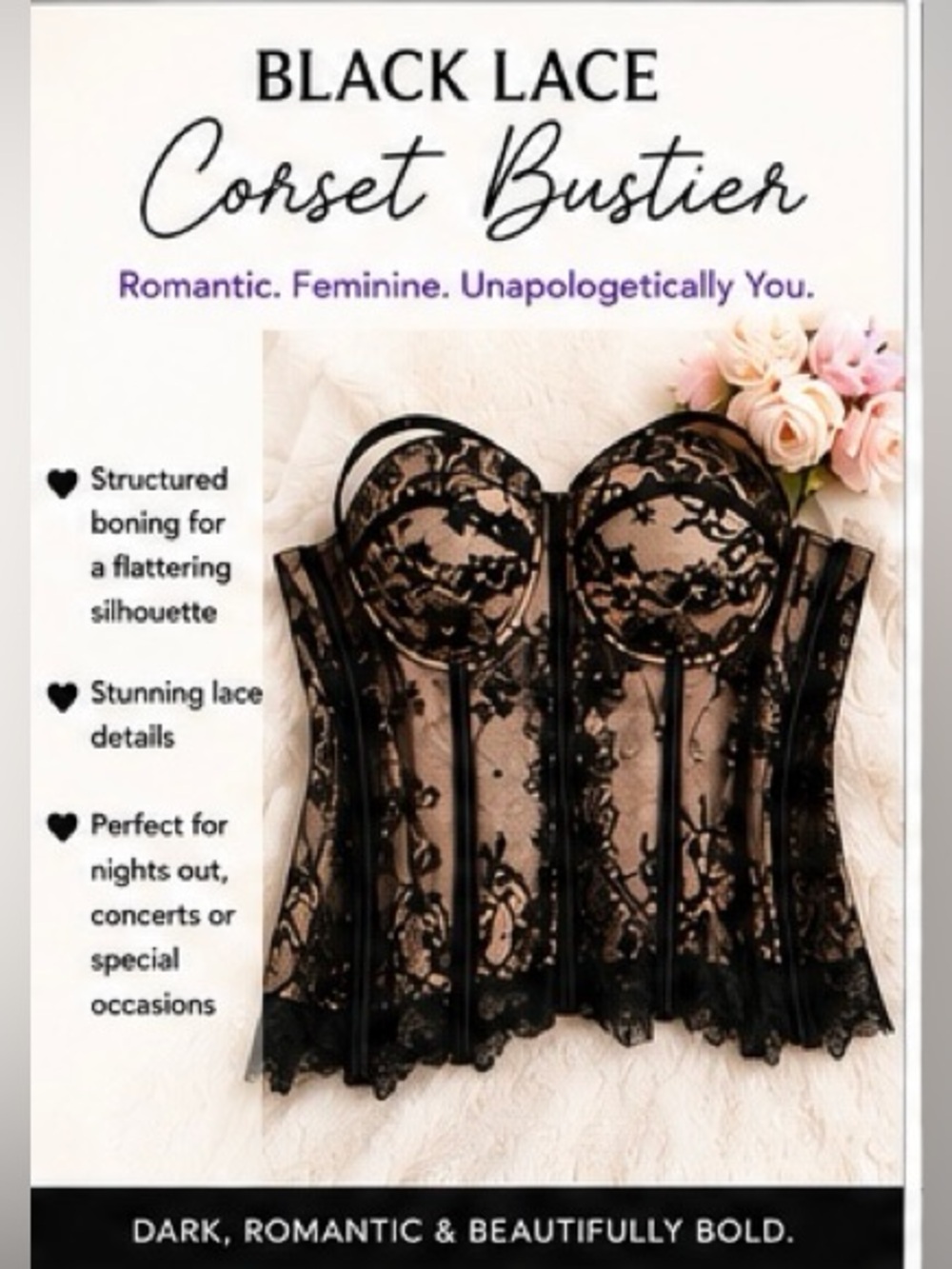Black Lace Longline Bustier Corset - Women Intimates